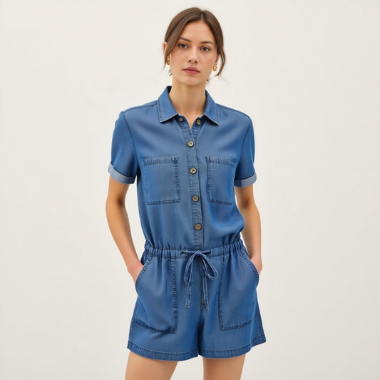 Utility Button-Up Denim Romper with Pockets and Drawstring Waist