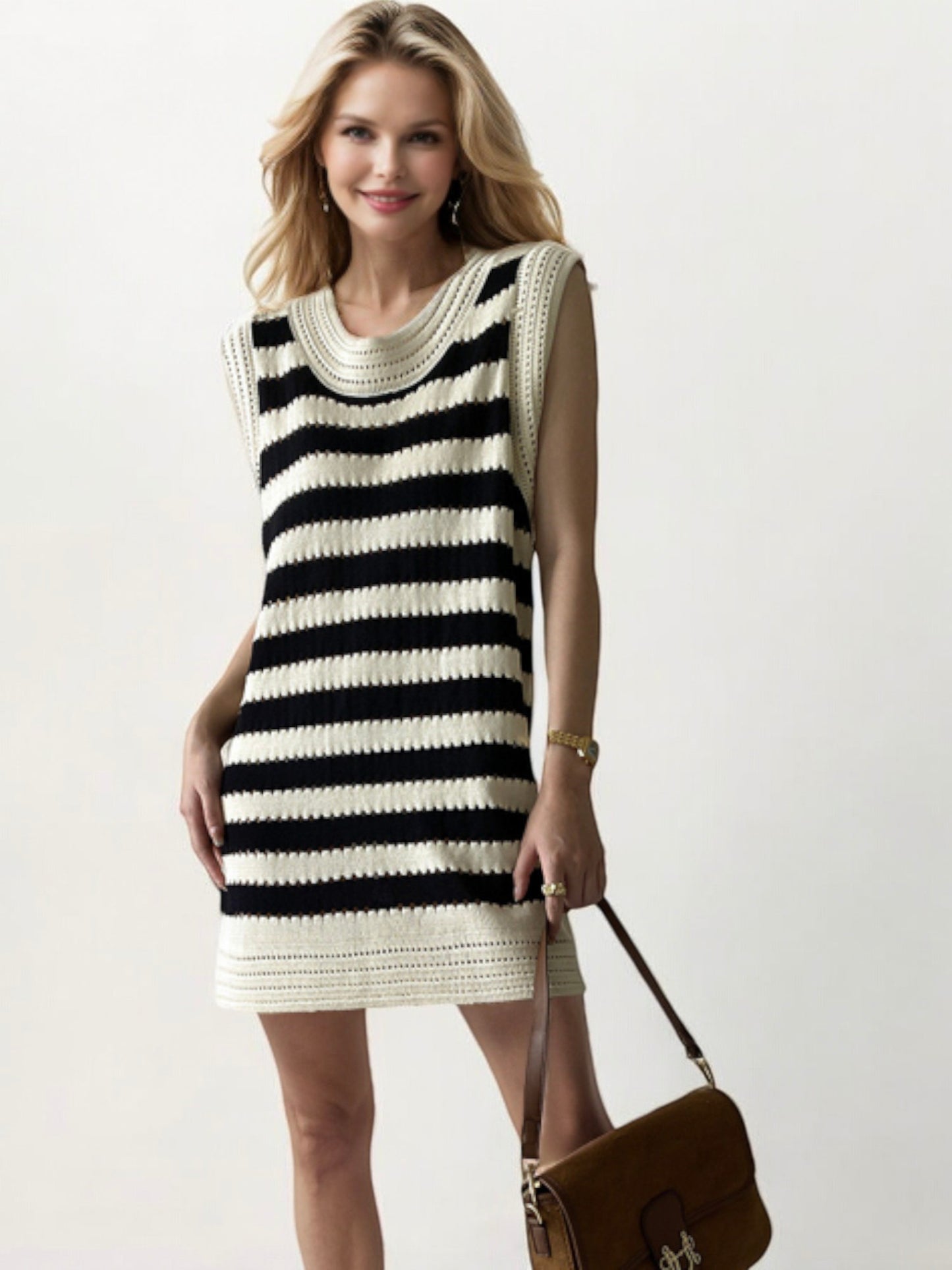 Sleeveless Striped Knit Mini Dress with Scoop Neck and Crochet Detailing