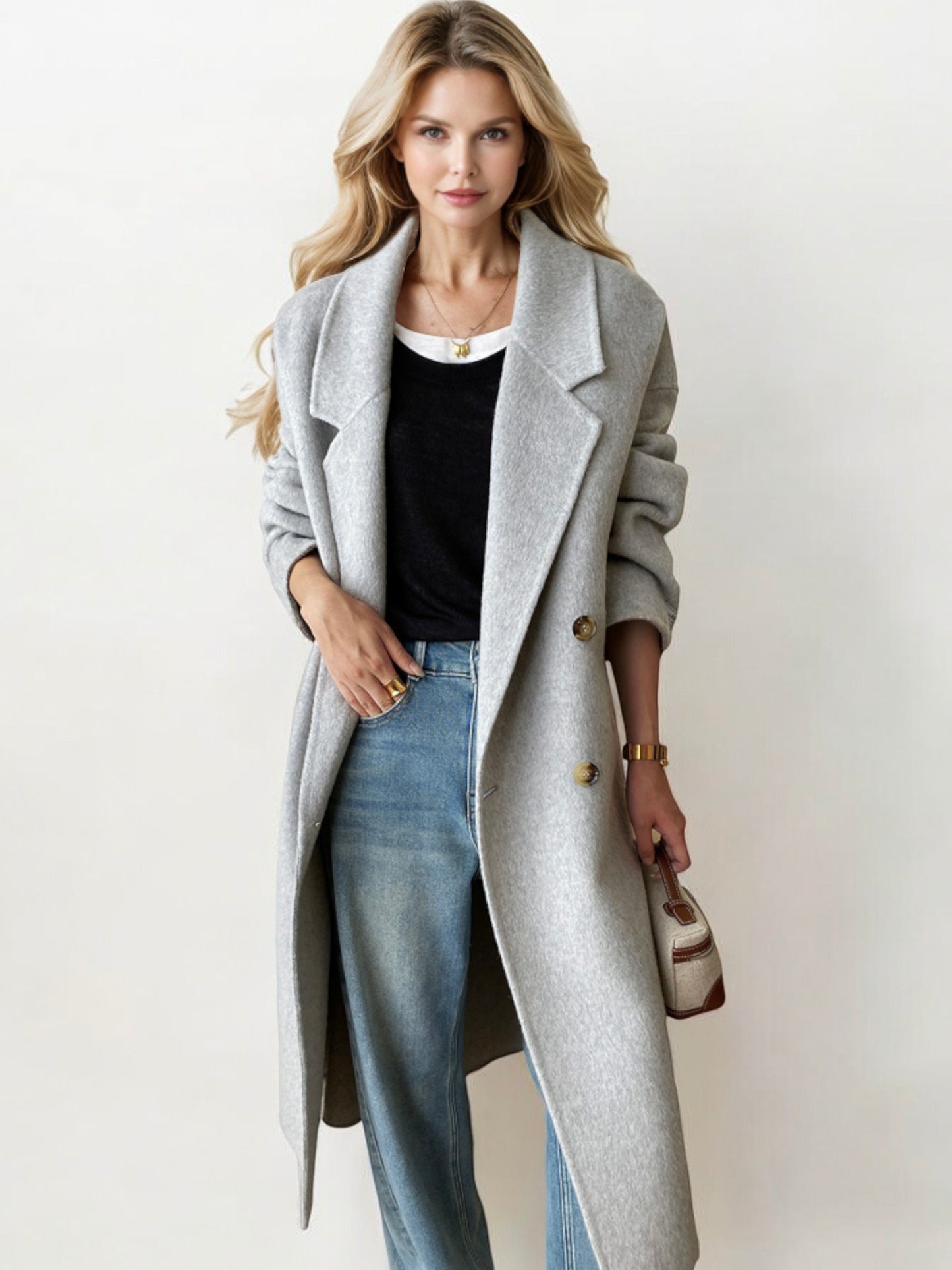 Double-Breasted Wool Blend Long Coat