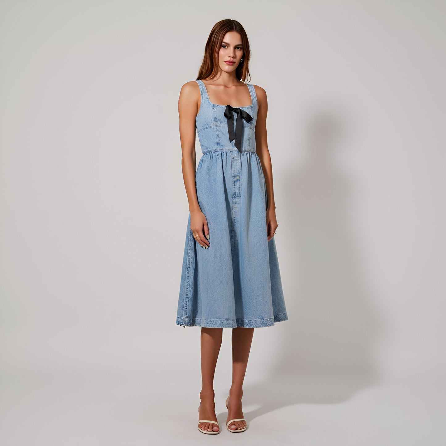 Denim Midi Dress with Square Neckline, Front Bow Detail, and A-Line Silhouette