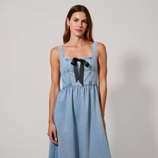 Denim Midi Dress with Square Neckline, Front Bow Detail, and A-Line Silhouette