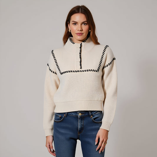 Chunky Knit Cropped Sweater with Ribbed High Neck and Bold Whip Stitch Accents
