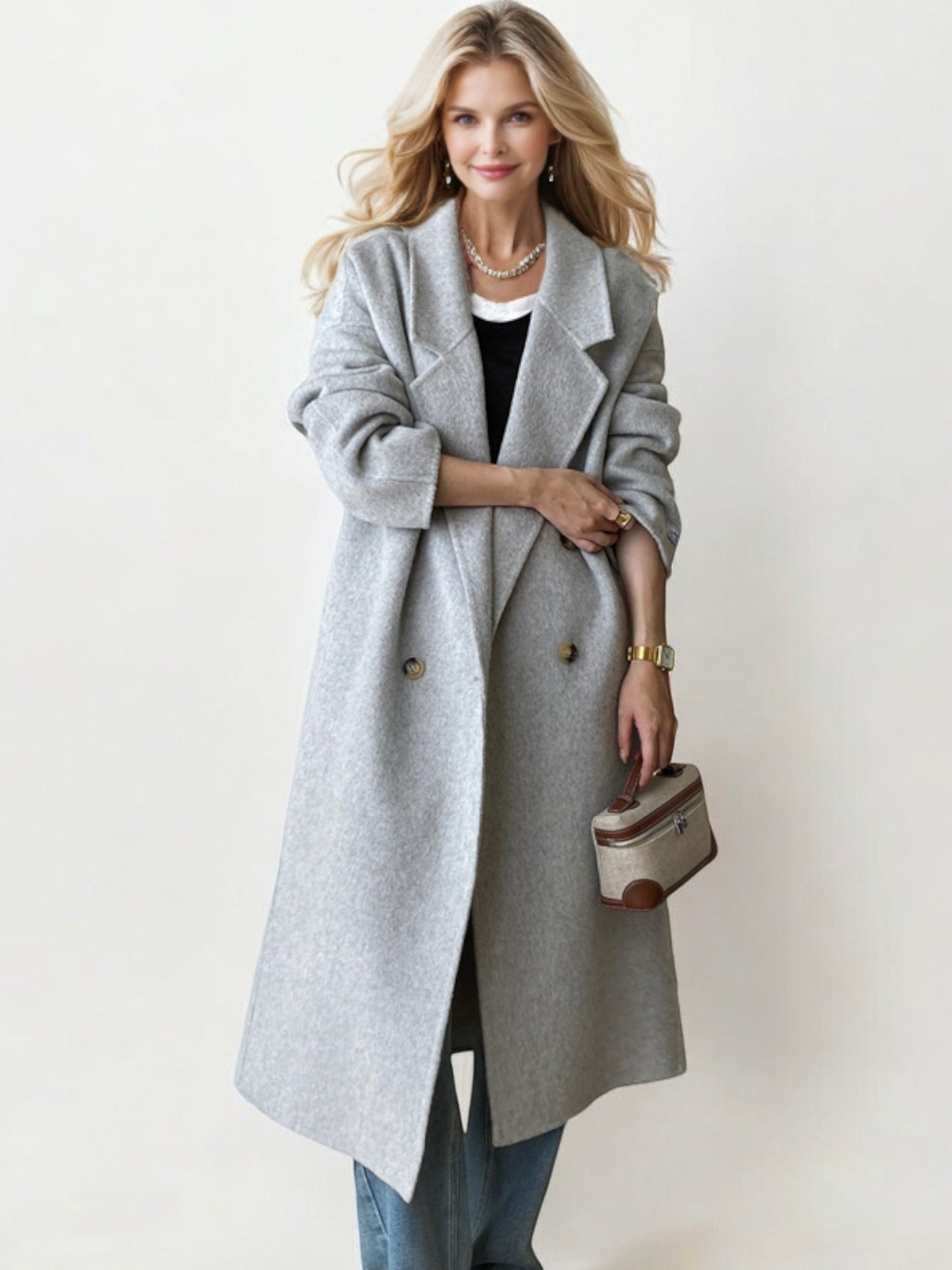 Double-Breasted Wool Blend Long Coat