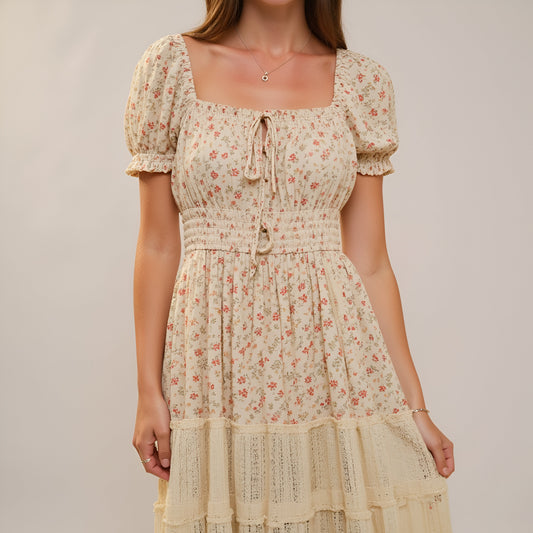 Floral Maxi Dress with Puff Sleeves Smocked Waist and Tiered Skirt