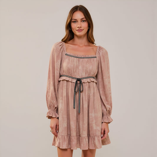 Mini Dress with Long Sleeves Drawstring Waist and Ruffle Hem