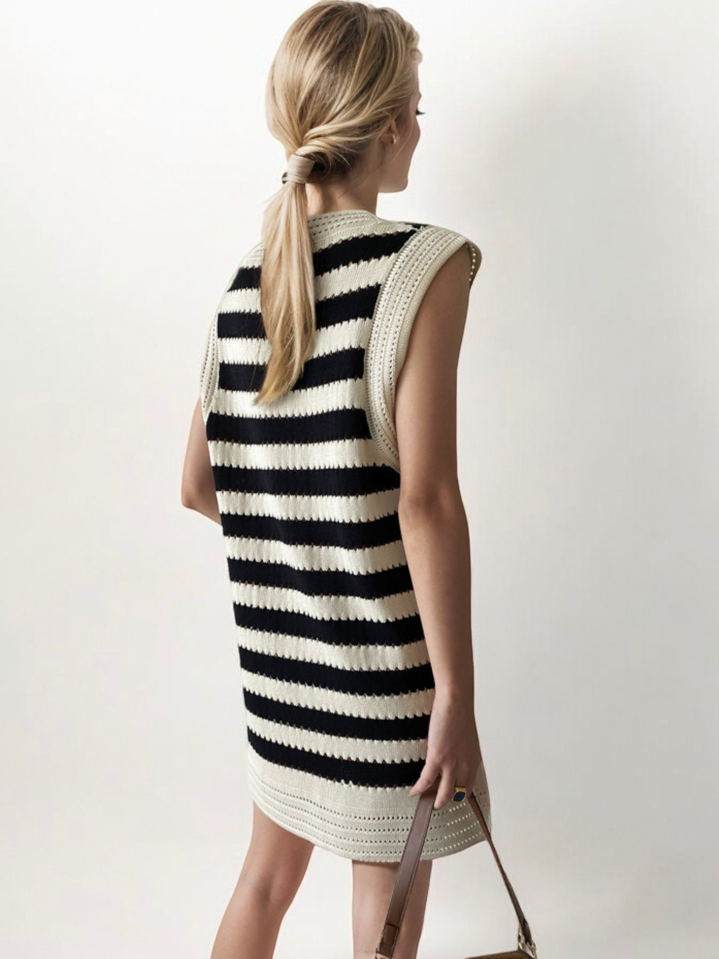 Sleeveless Striped Knit Mini Dress with Scoop Neck and Crochet Detailing