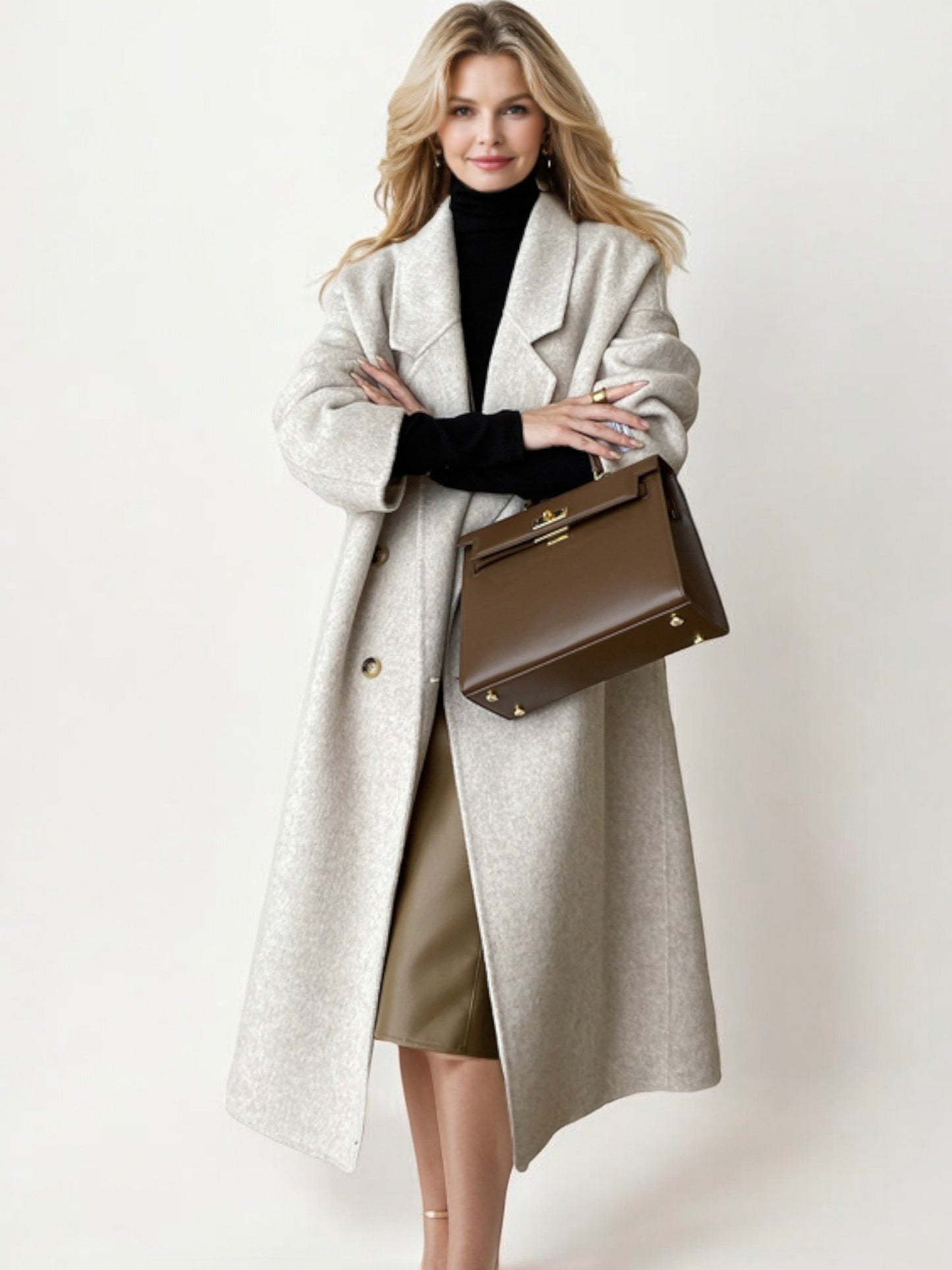 Double-Breasted Wool Blend Long Coat