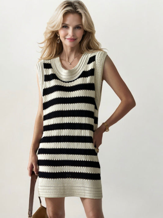 Sleeveless Striped Knit Mini Dress with Scoop Neck and Crochet Detailing