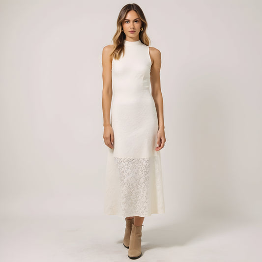 Textured Sleeveless Midi Dress with Mock Neck and Lace Hem Inset