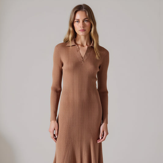 Ribbed Knit Long Sleeve Midi Dress with Pleats and Collared V-Neck