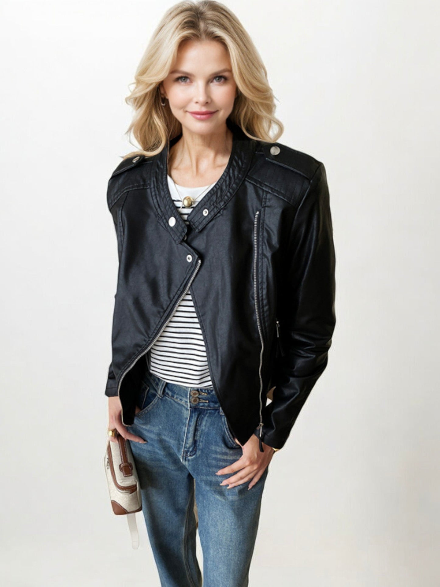 Faux Leather Moto Jacket with Zippered Front and Snap Collar