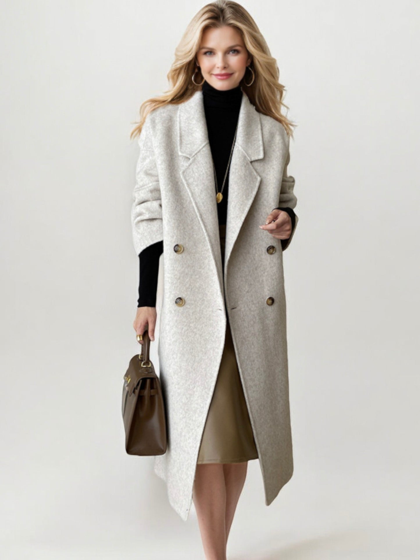 Double-Breasted Wool Blend Long Coat