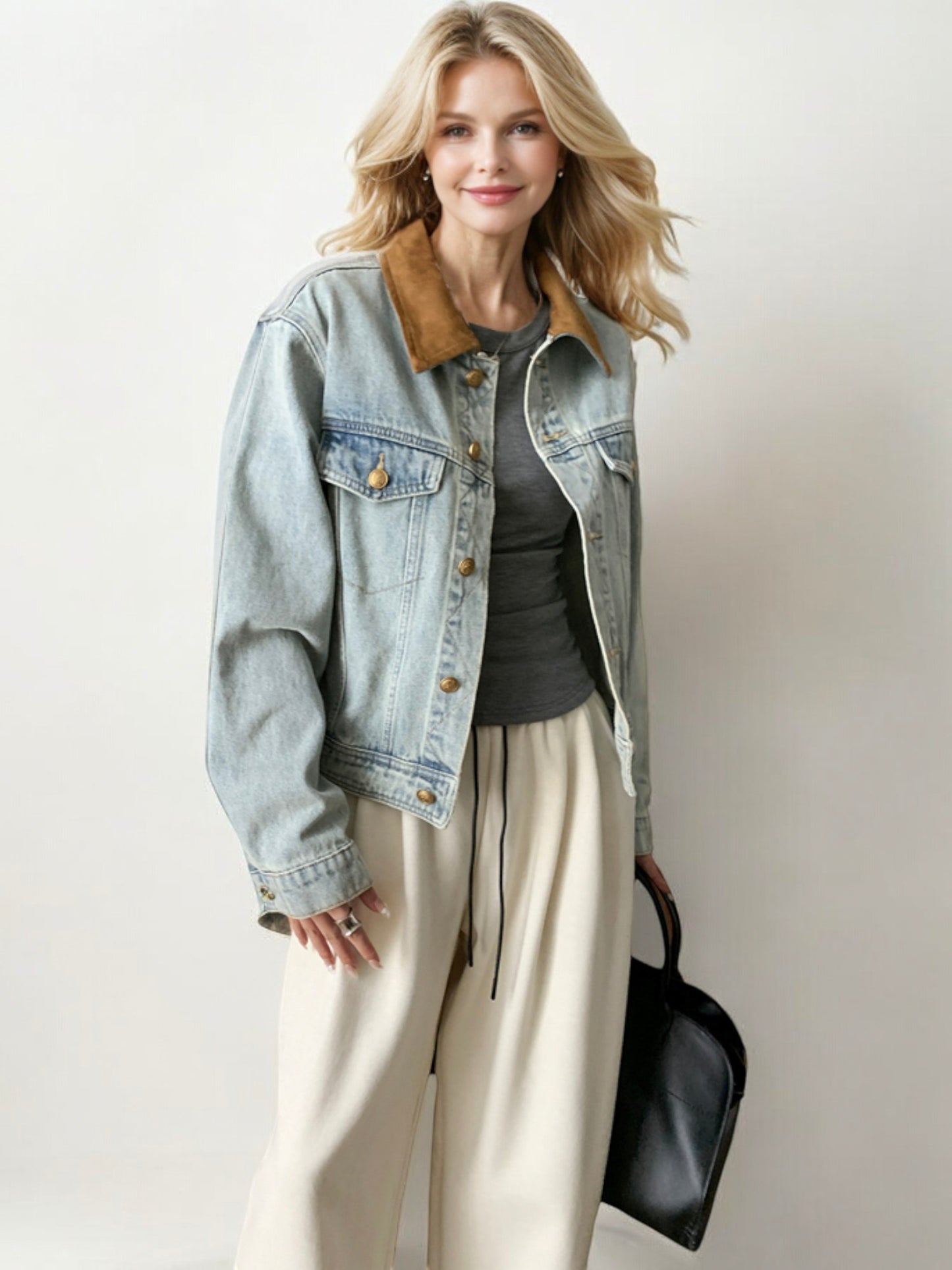 Denim Jacket with Contrast Suede Collar and Button Front