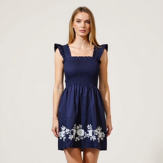Smocked Ruffle Strap Mini Dress with Floral Embroidery Hem