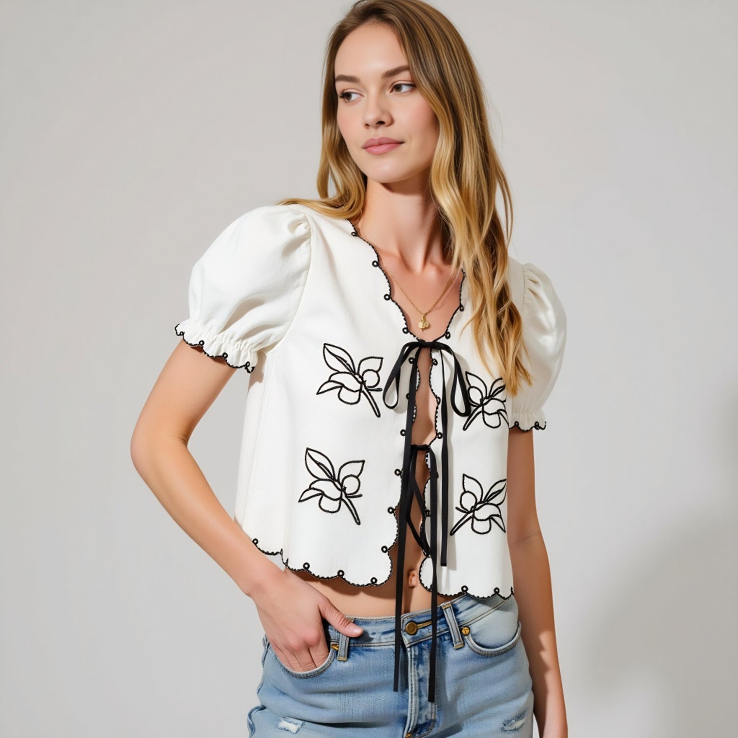 Puff Sleeve Tie-Front Blouse with Floral Embroidery and Eyelet Trim