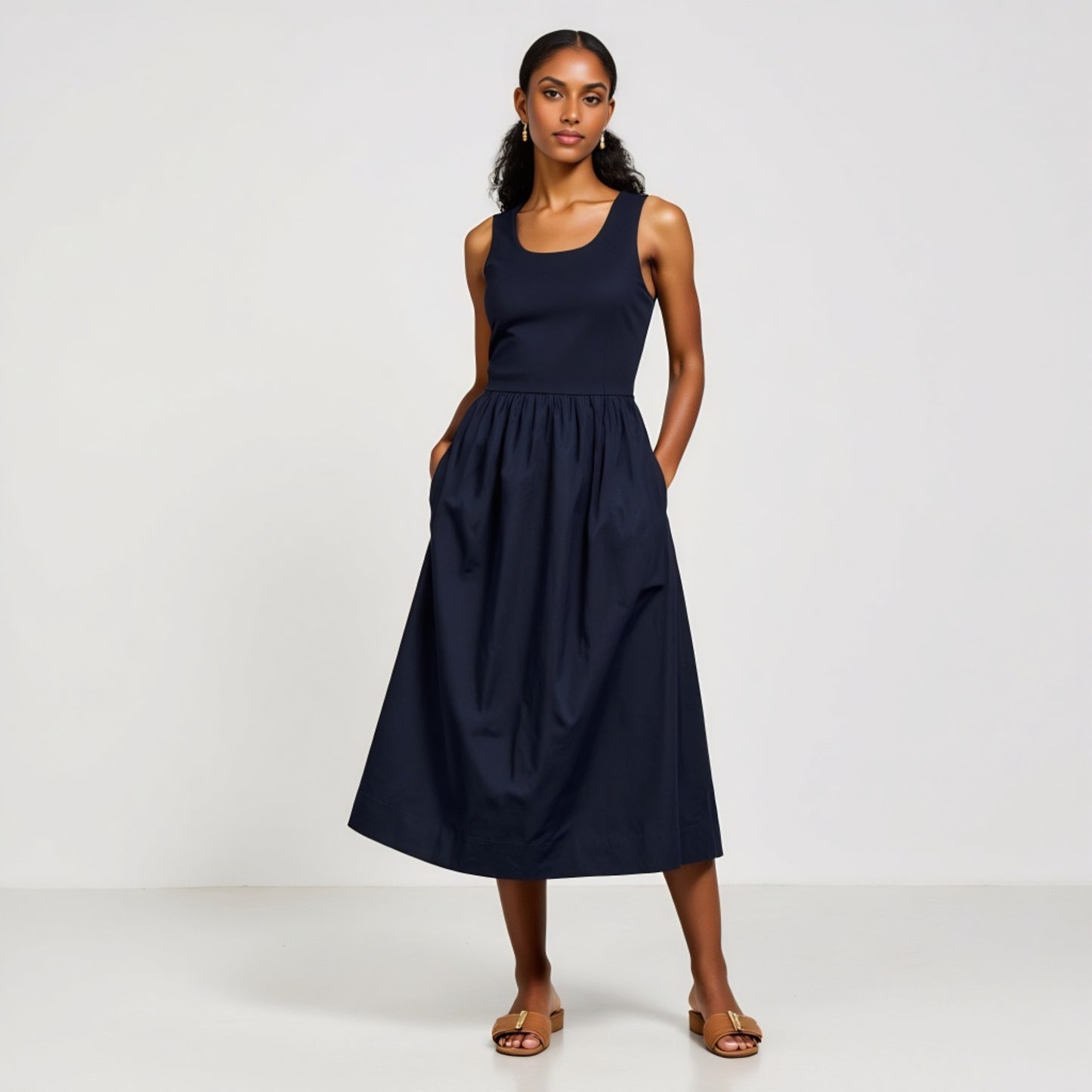 Sleeveless Fit-and-Flare Maxi Dress with Seam Waist and Side Pockets