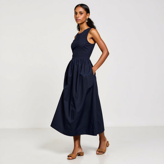 Sleeveless Fit-and-Flare Maxi Dress with Seam Waist and Side Pockets