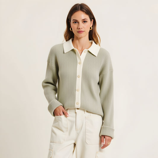 Ribbed Knit Cardigan with Contrast Trim, Button Front and Point Collar