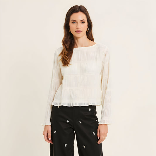 Sheer Textured Long Sleeve Top with Ruffle Trim and Subtle Volume