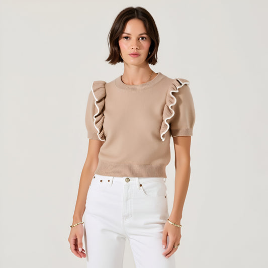 Knit Sweater Top with Short Puff Sleeves and Contrast Ruffle Trim