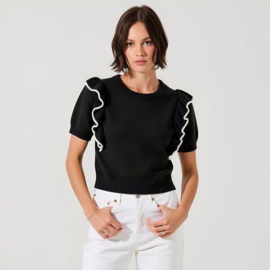 Knit Sweater Top with Short Puff Sleeves and Contrast Ruffle Trim