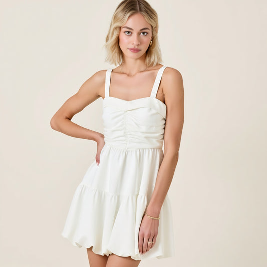 Ruched Sweetheart Neck Mini Dress with Straps and Flared Hem
