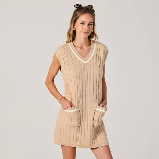 Cable Knit Sweater Tank Mini Dress with Contrast Stripe and Front Pockets