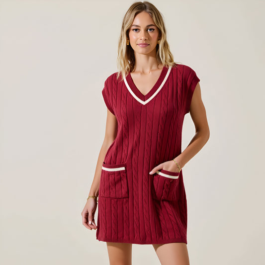 Cable Knit Sweater Tank Mini Dress with Contrast Stripe and Front Pockets
