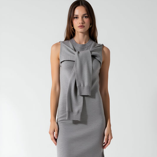Sleeveless Knit Maxi Dress with Attached Scarf Tie and Side Slit