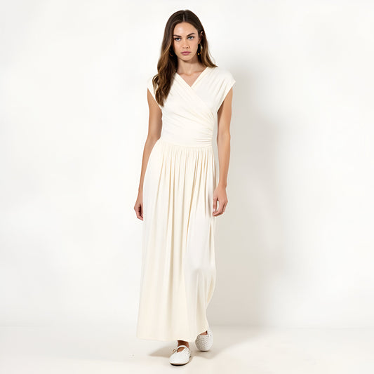 Sleeveless Faux Wrap Maxi Dress with Shirred Waist and Flowy Skirt
