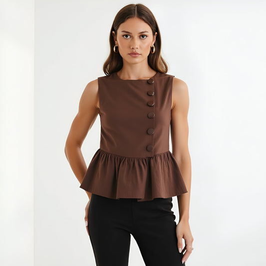 Sleeveless Peplum Top with Asymmetric Pearl Button Front