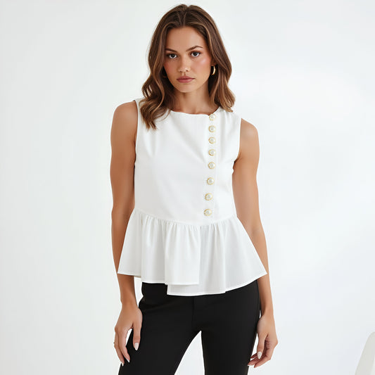 Sleeveless Peplum Top with Asymmetric Pearl Button Front