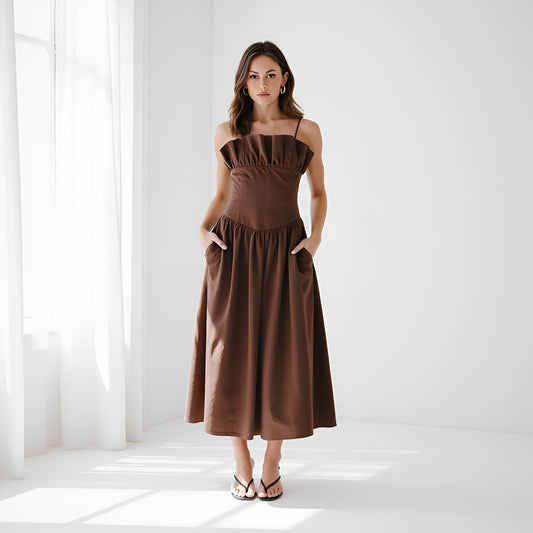 Ruffle Trim Midi Dress with Fitted Bodice, Pockets and Spaghetti Straps