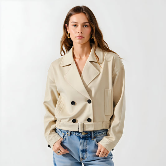 Cropped Trench Jacket with Double-Breasted Front and Belted Hem
