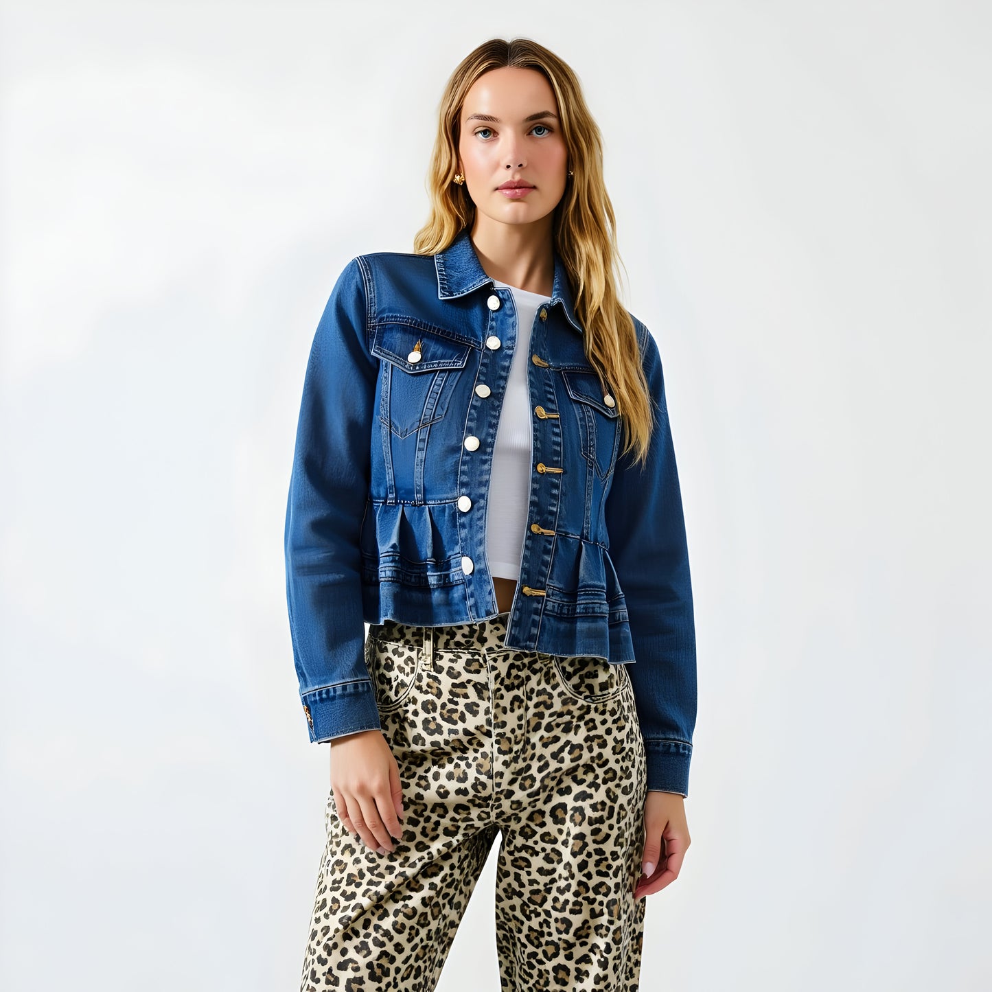 Cropped Denim Jacket with Front Pleats, Patch Pockets and Silver Buttons