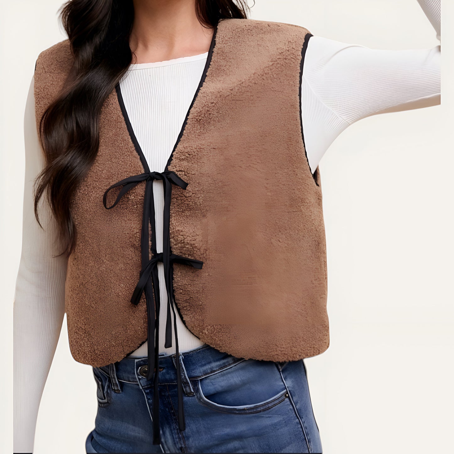 Faux Shearling Vest with Contrast Trim and Front Tie Closures