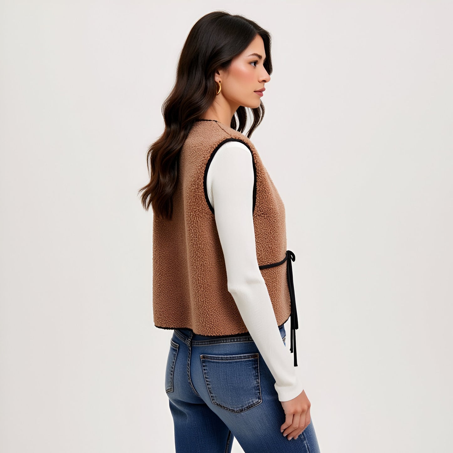 Faux Shearling Vest with Contrast Trim and Front Tie Closures