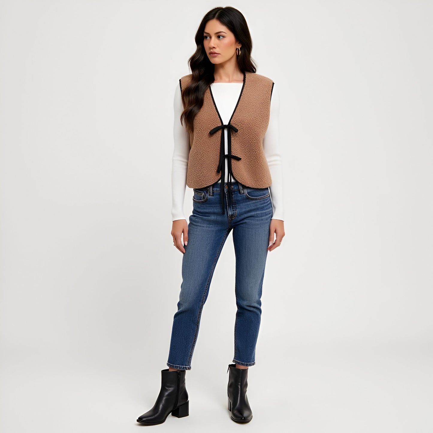 Faux Shearling Vest with Contrast Trim and Front Tie Closures