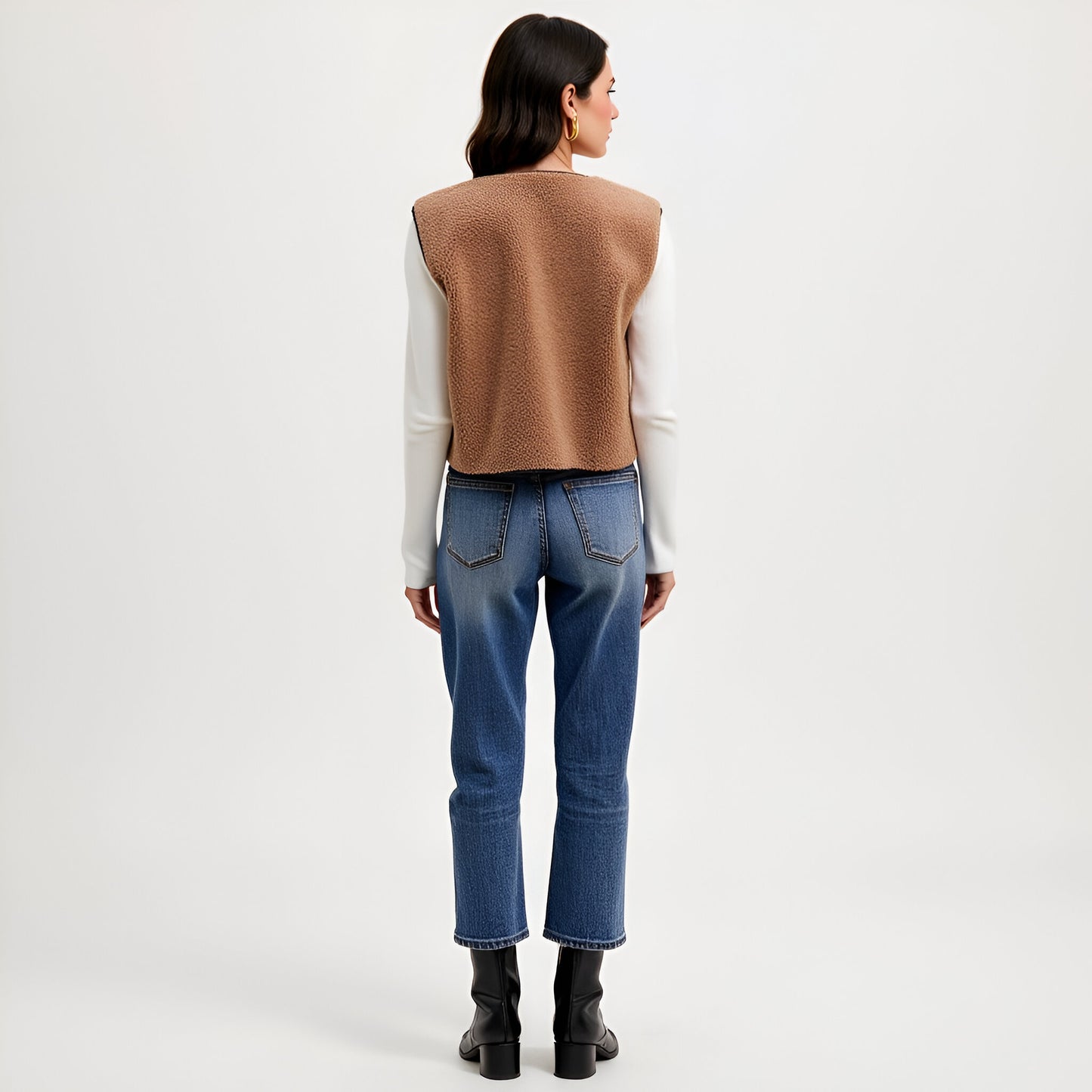 Faux Shearling Vest with Contrast Trim and Front Tie Closures