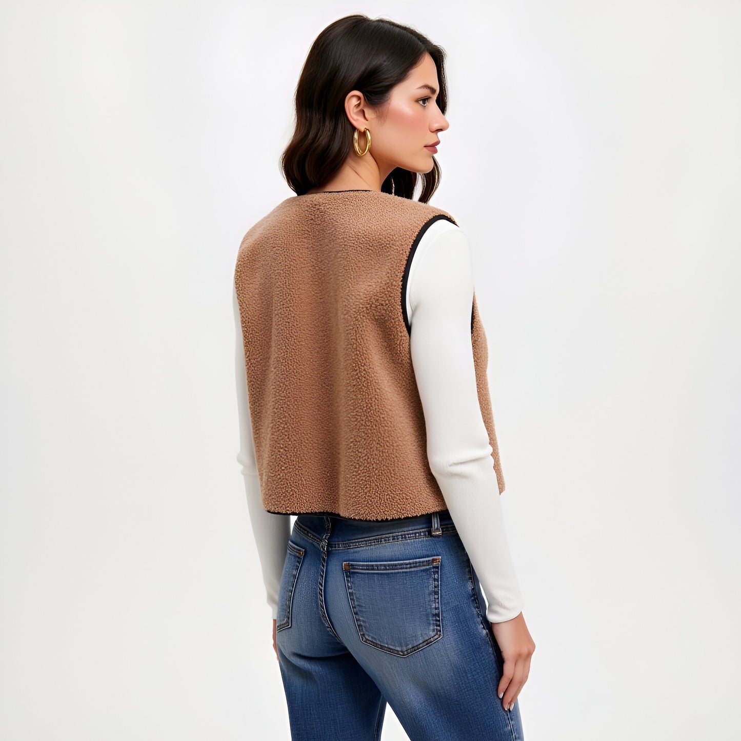 Faux Shearling Vest with Contrast Trim and Front Tie Closures
