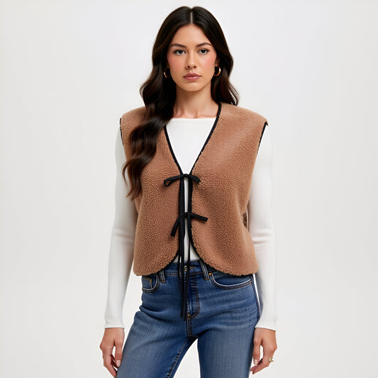 Faux Shearling Vest with Contrast Trim and Front Tie Closures