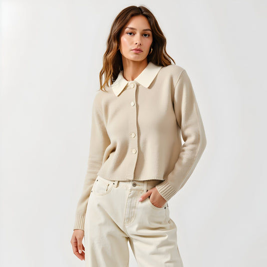 Cropped Knit Cardigan with Contrast Point Collar and Button Front Closure