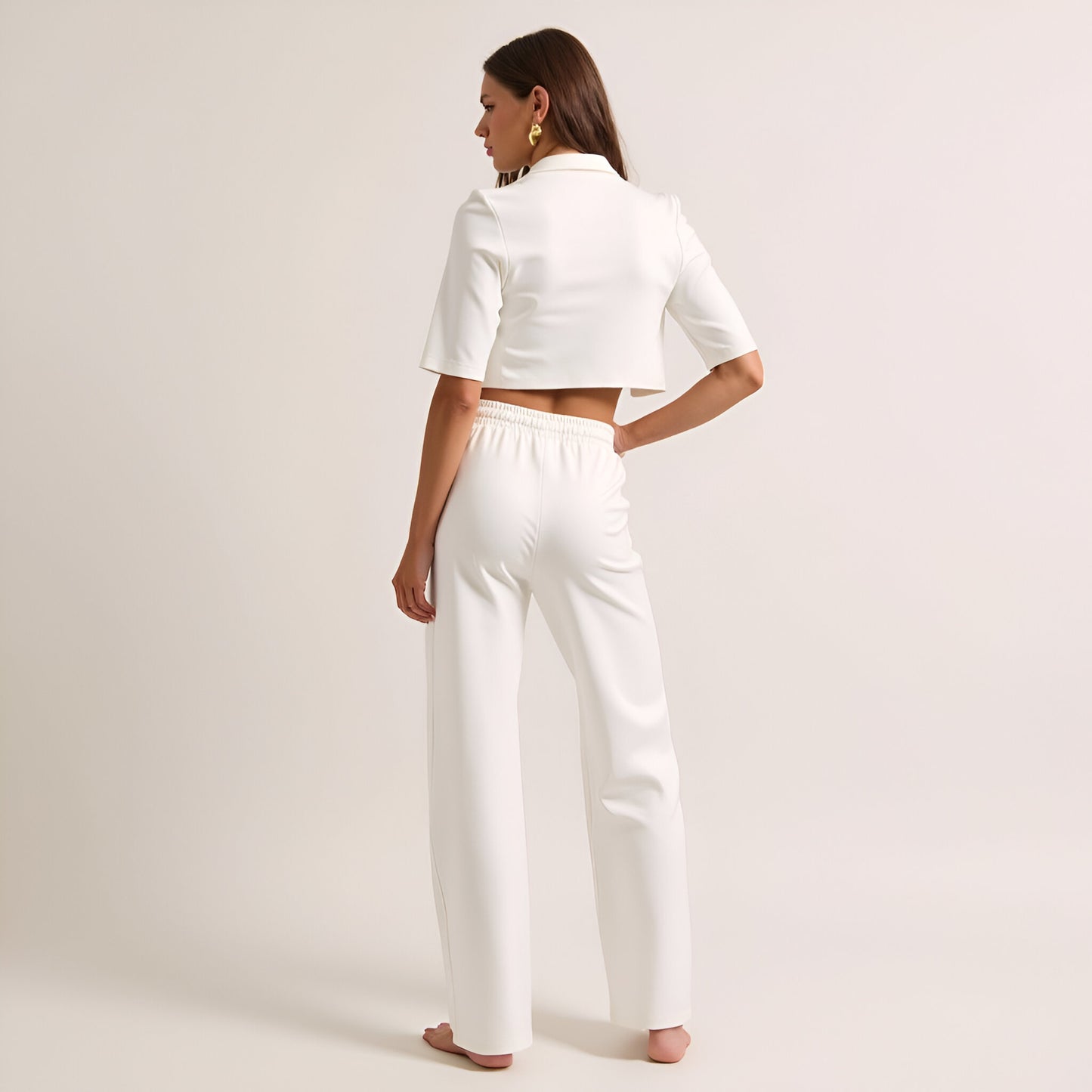 Cropped Jacket and Wide-Leg Pant Set with Drawstring Waist