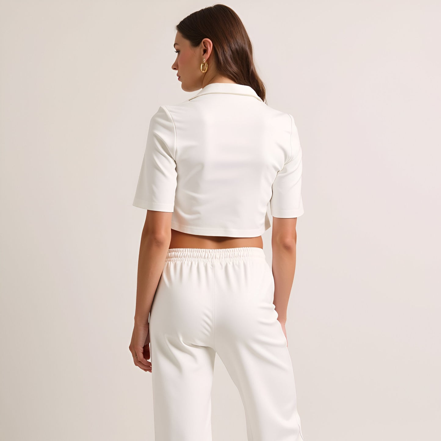 Cropped Jacket and Wide-Leg Pant Set with Drawstring Waist