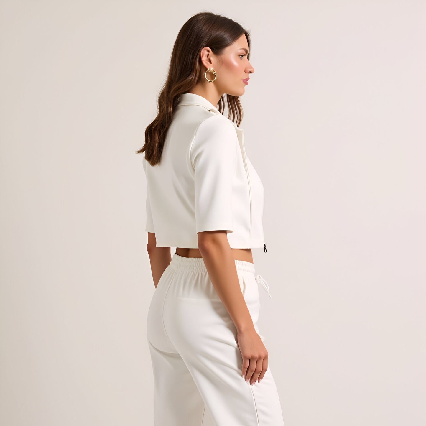 Cropped Jacket and Wide-Leg Pant Set with Drawstring Waist