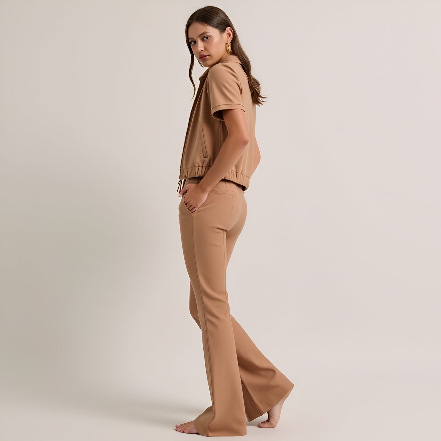 Short Sleeve Zip-Up Top and High Waist Flared Pants Set