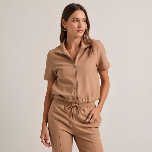 Short Sleeve Zip-Up Top and High Waist Flared Pants Set