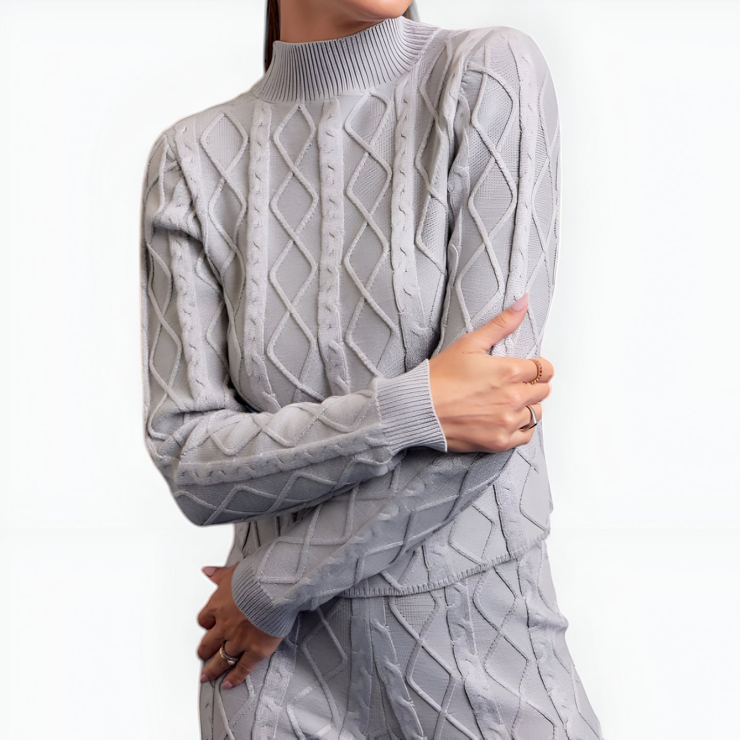 Cable Knit Mock Neck Sweater Set with Fitted Long Sleeve Top and Flare Pants