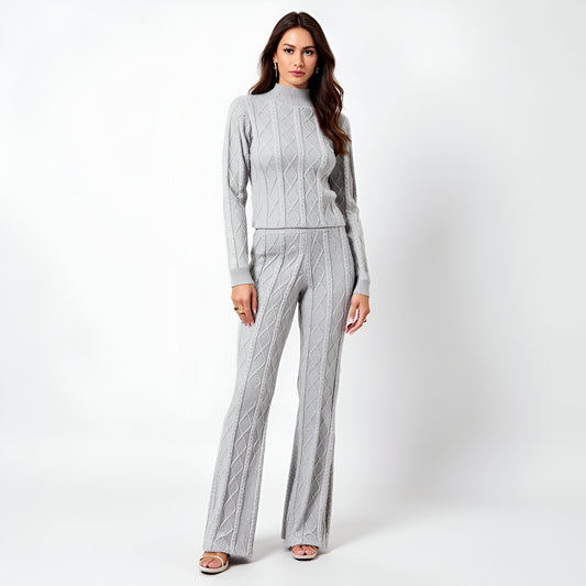 Cable Knit Mock Neck Sweater Set with Fitted Long Sleeve Top and Flare Pants
