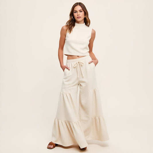 Sleeveless Mock Neck Crop Top and Tiered Wide-Leg Pants Set
